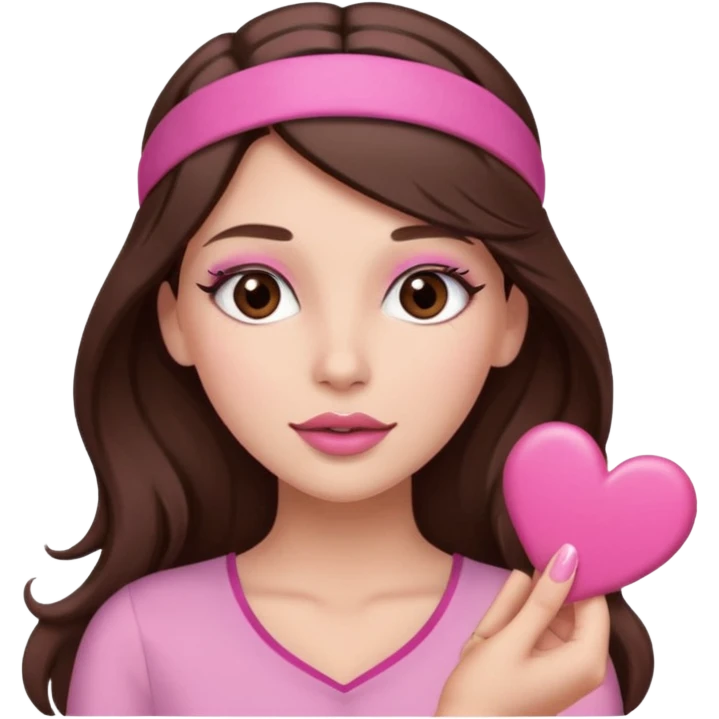 Pink and clothes emoji, inspired with brunette hair, brown eyes, long hair, heart shape lips and pink make up  and pink nails, mauve pink blush and a chocolate brown bandw emoji
