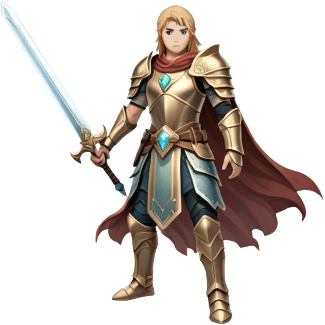 An icon representing an RPG, inspired by Elden Ring, featuring a lone warrior standing on a cliff overlooking a vast, mystical landscape. The design includes intricate armor, a glowing sword, and a majestic, otherworldly sky. Transparent background emoji