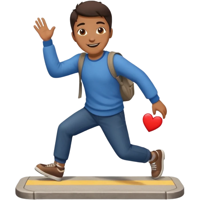 asian man tripping on sidewalk with heart eyes emoji