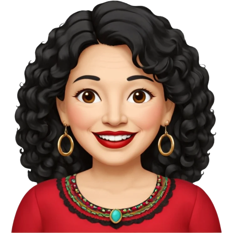 60 yr old Mexican woman, slightly chubby, wavy/curly long black hair, red lipstick, big smile, white teeth, brown eyes, hoop earings, side part to hair, round face, nice blouse, no wrinkle hair side swept, big hoop earing emoji