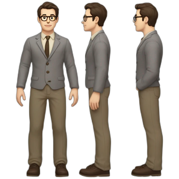 Full height Pale skinned Fit Man With dark brown hair in gray jacket, beige office shirt, tie, Brown pants and vintage glasses. Thrumbs of his palms directed up emoji