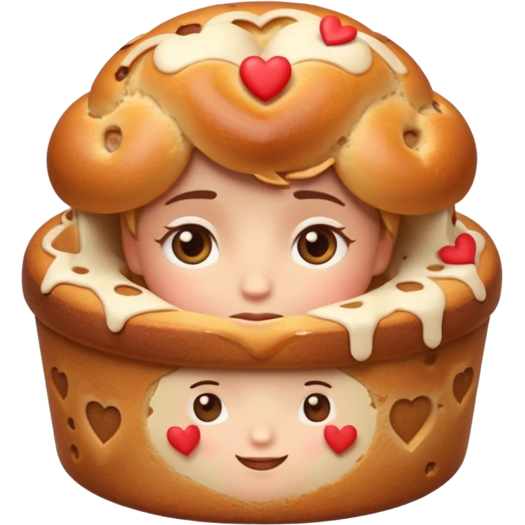 Apple-style emoji illustration of a cuteperson  with dreamy eyes thinking of a traditional panettone, small hearts floating around, soft 3D emoji style, smooth gradients, rounded shapes, warm festive colors, simple expression, centered composition, transparent background, no text. emoji