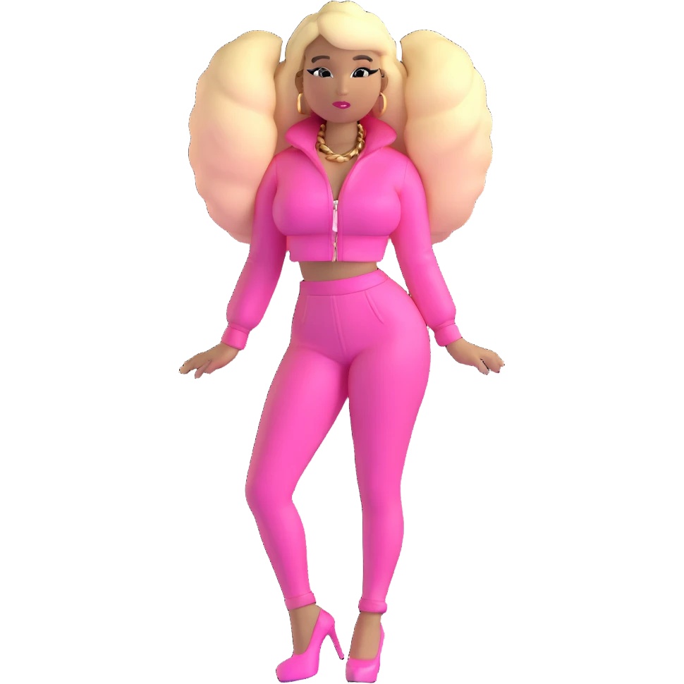 Nicki Minaj wearing a pink outfit with hair that is half blonde and half pink emoji
