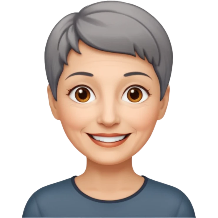 woman 60 years old, shaved short dark grey hair, brown eyes smile emoji