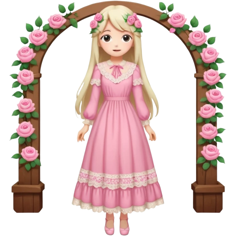 pastel anime woman with pink and white lace cottage dress full body and long hair with roses emoji