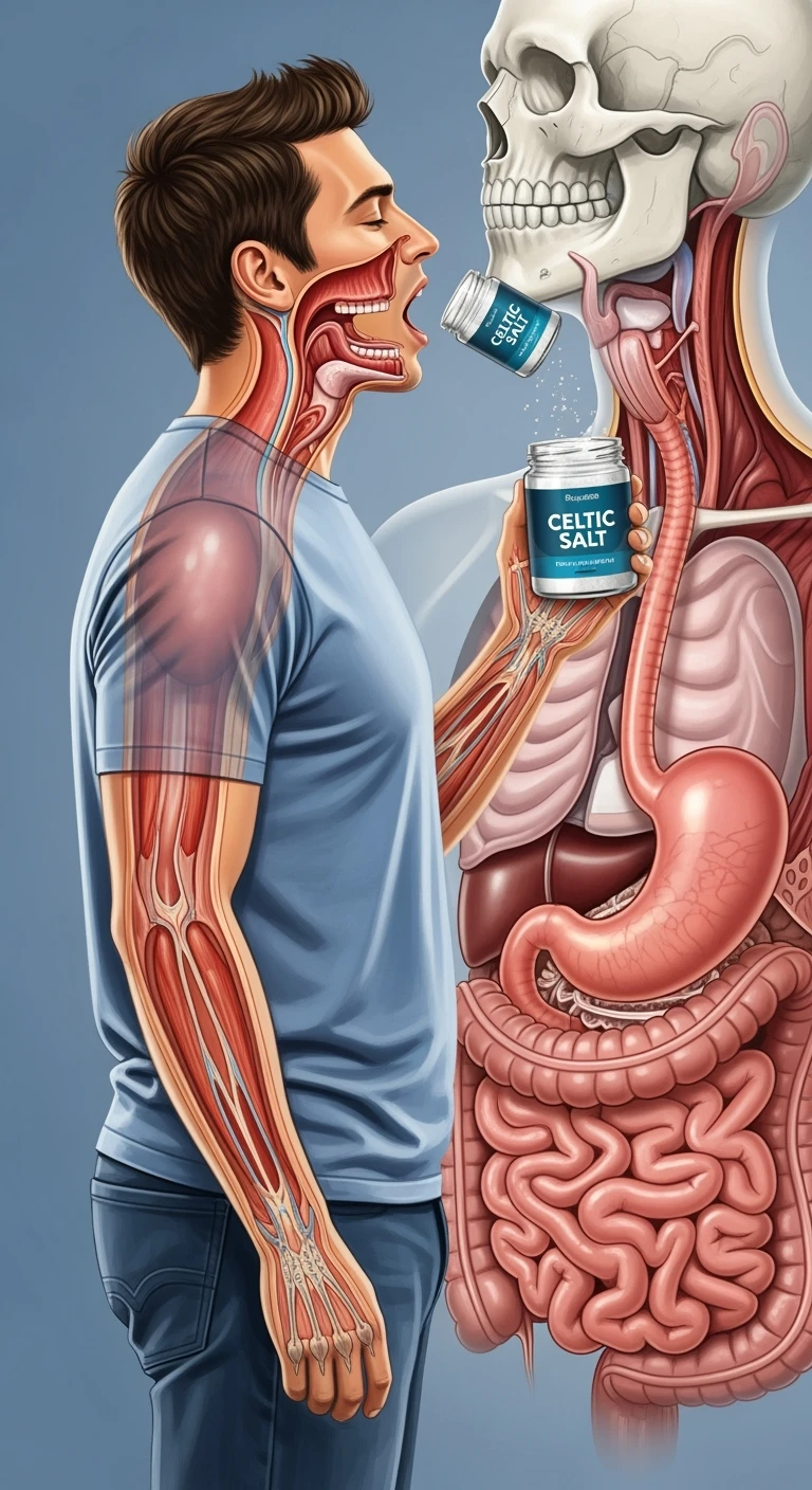 A MEDICAL ILLUSTRATION OF A REALISTIC human body holding a jar with "CELTIC SALT" written on the label, he throws it in his mouth DURING BREAKFAST emoji