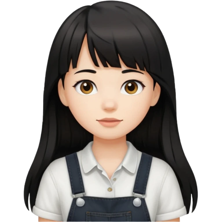 Make it a girl wil long hair like this and look like this  she has brown ish black hair and if has bangs with black overalls and a white shirt emoji