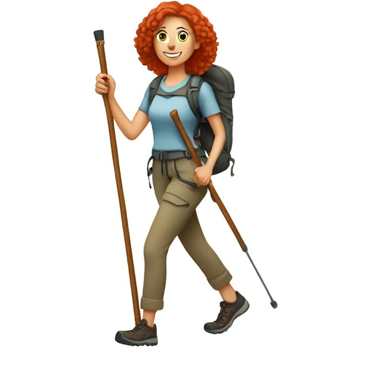 Red haired woman hiking full body with hiking sticks emoji