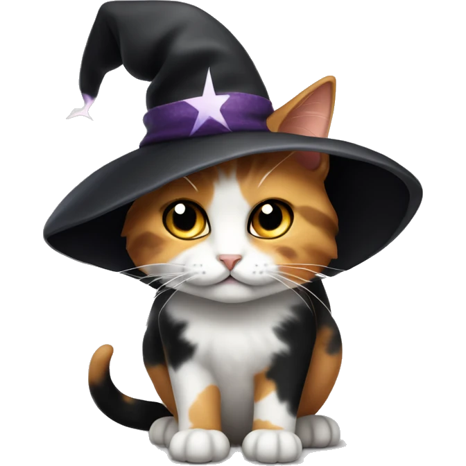 Calico cat wearing a black witches hat with white stars emoji