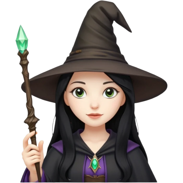 a girl with black long hair, witch hat and a magic wand in her hand emoji