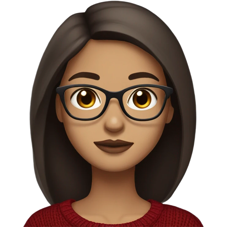 light skin, long straight dark brown hair, blue eyes, girl wearing aesthetic dark red sweater, glasses emoji