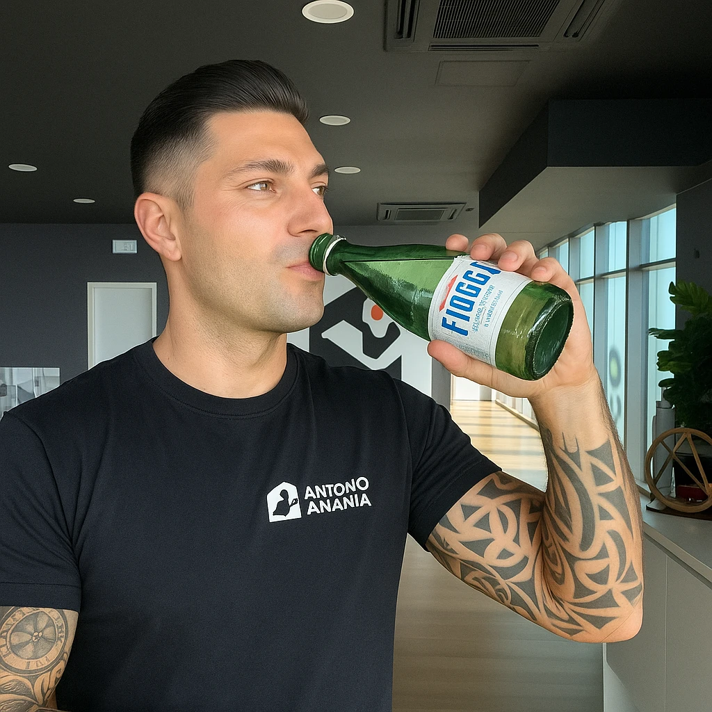 Realistic man drinking a bottle of Fiuggi water in glass, inspired by the provided photo. The bottle should be clearly glass and recognizable as Fiuggi water. Positive atmosphere, realistic style. emoji