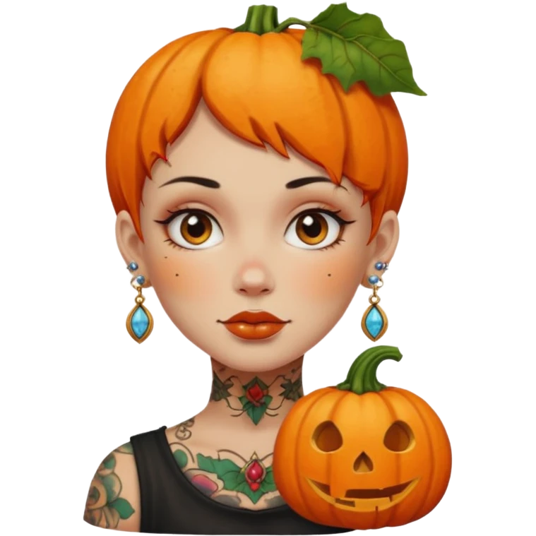 pumpkin head and face tattooed and extra big earing emoji