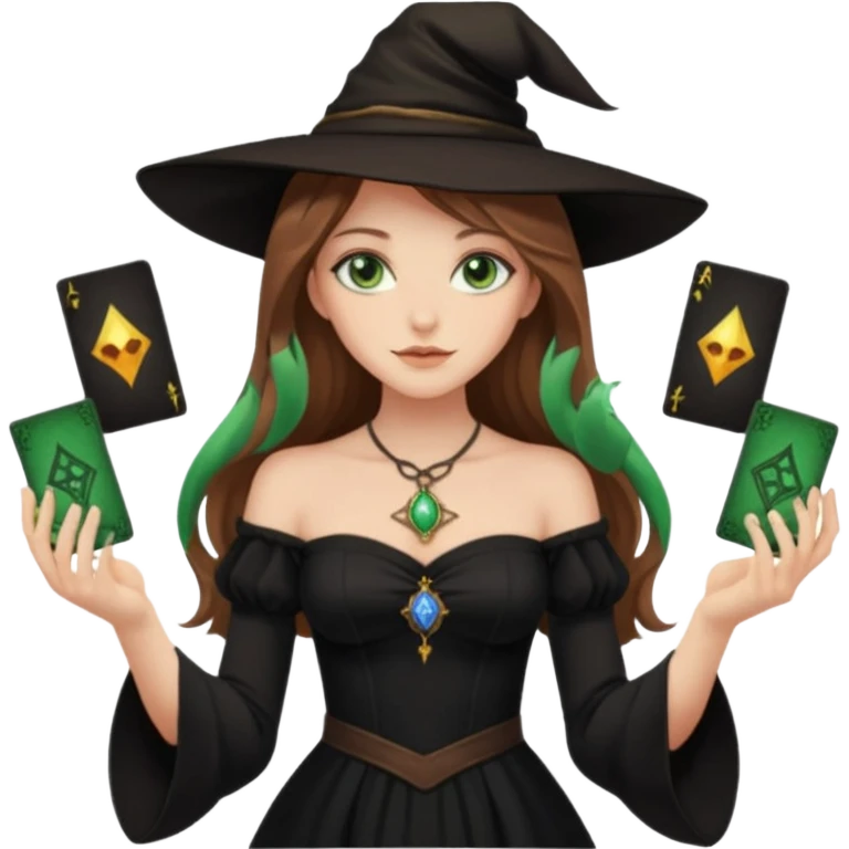  witch girl with long light brown hair and green eyes and Tarot cards without hat and in sexy dress  emoji