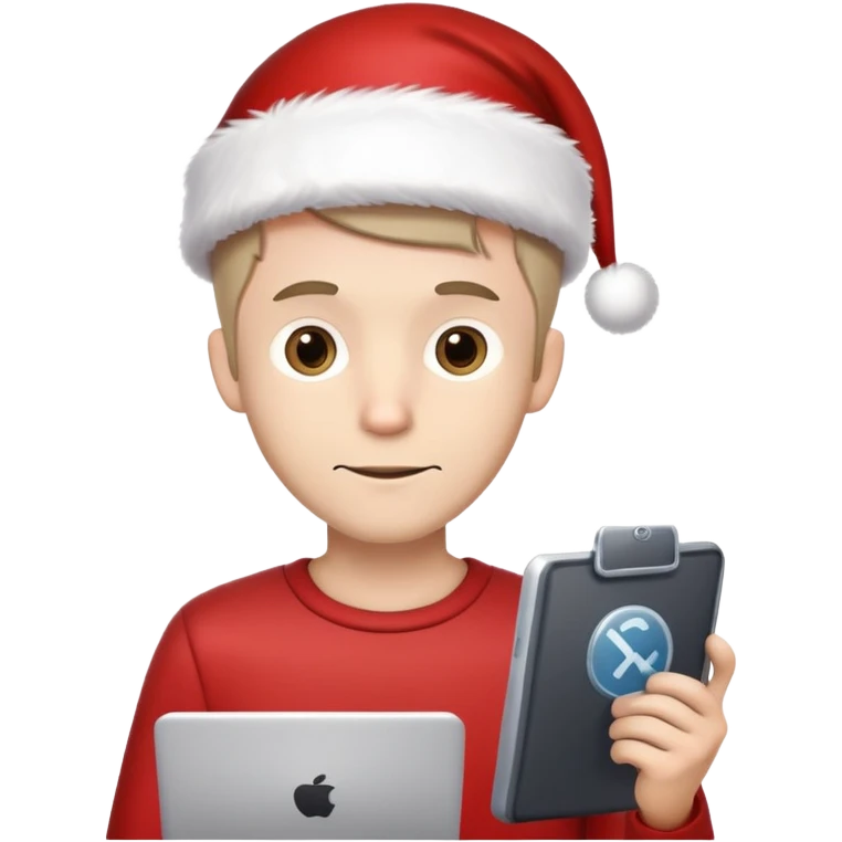 Short haired white mail, skinny, mustang, no beard, Santa Claus hat holding software developer tools emoji