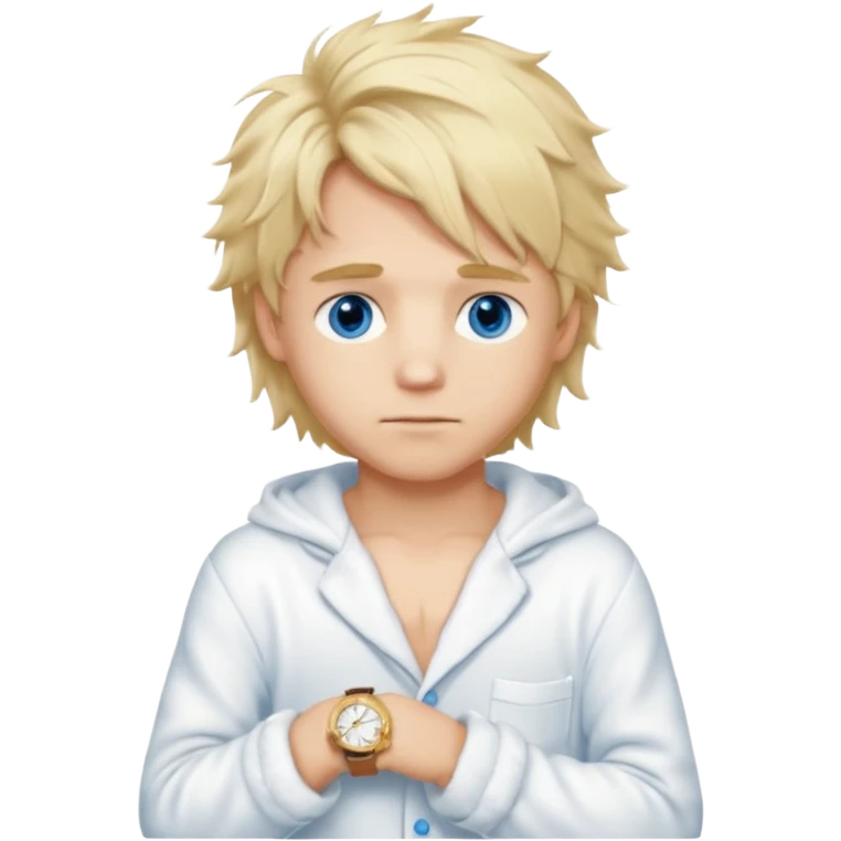 Create a look for a blond boy with long, tousled hair, light eyes, a white sweater, a wealthy appearance, blue eyes, and accessories like a Rolex or Cartier watch, and a cute face with messy hair down. blue eyes + + pajama white fluffy emoji