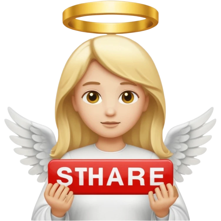 "Um emoji de anjo com cabelos loiros, um halo, asas, segurando um sinal de 'compartilhar' em letras em negrito." emoji