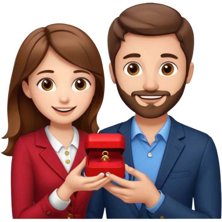 A brown haired man with a short beard proposing to a brown haired girl with a ring box emoji