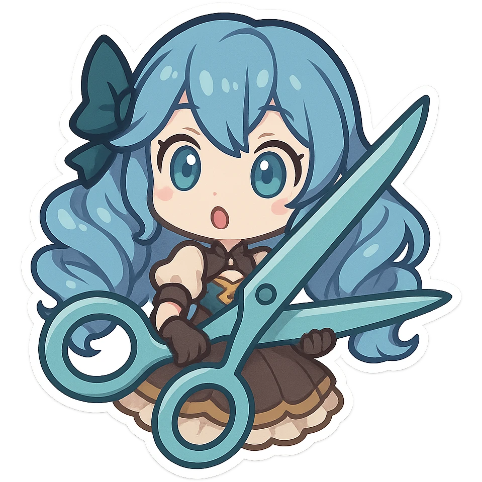 Gwen from League of Legends, chibi style, surprised emote, oversized scissors, blue hair, wide eyes, cute doll-like expression emoji