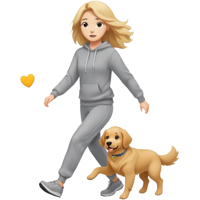A beautiful girl with fair skin wearing a sweatshirt and sweatpants chasing a dog emoji