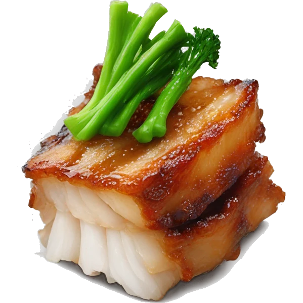Crispy pork belly on oyster sauce with green vegetable emoji