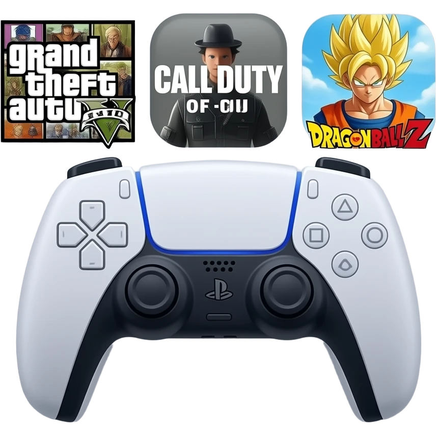 icone avec a l interieur des icone de jeu grand theft auto 5   call off duty et dragon ball z et une mannette ps5 devant emoji