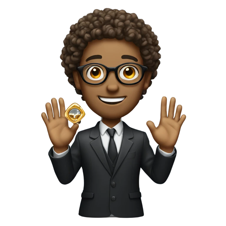 Man with curly hair and round glasses proposing with a gold diamond ring emoji