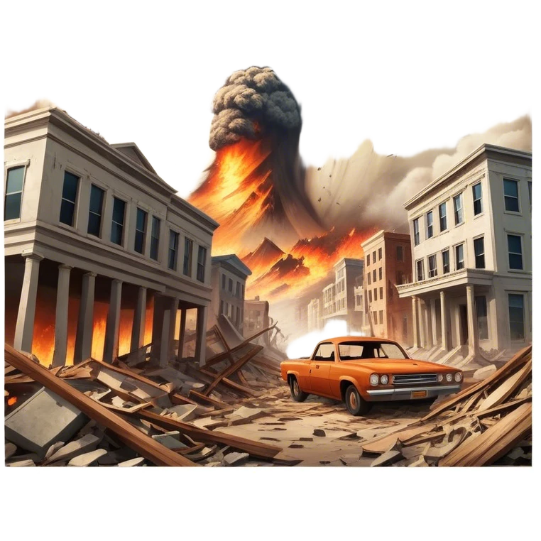 A vintage movie poster-style design with a dramatic scene of a natural disaster like an earthquake, tornado, or tsunami. Include crumbling buildings, flying debris, and fiery explosions. The background should be chaotic, with a cinematic, apocalyptic vibe. Transparent background. emoji
