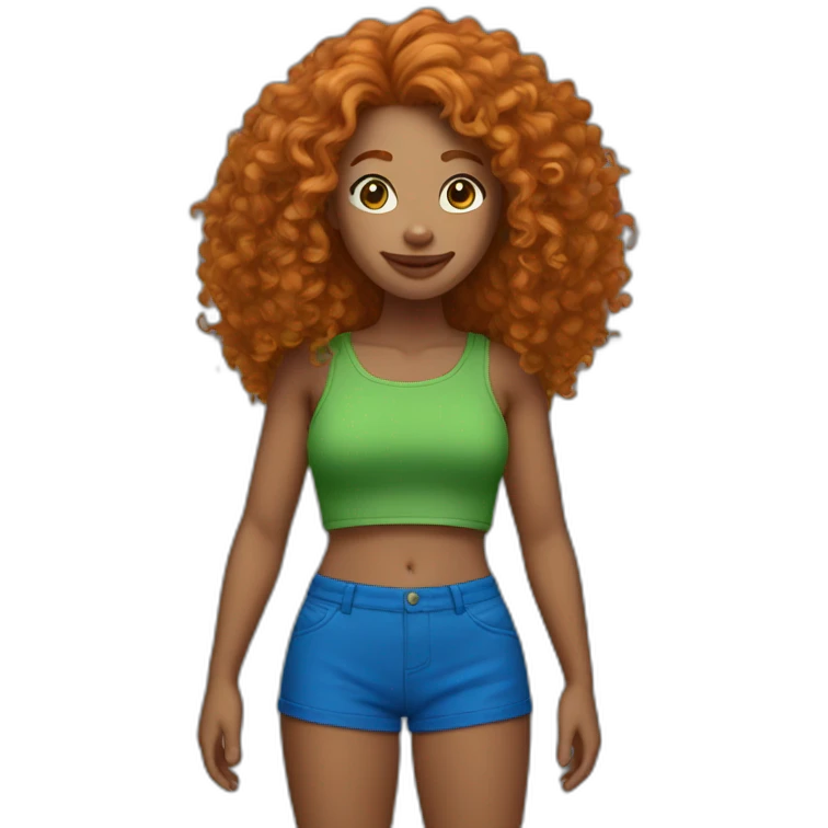 Curly Ginger woman, green crop top, blue shorts emoji