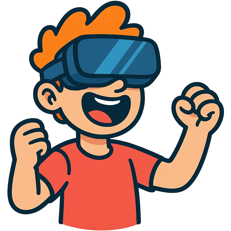 person wearing VR goggles, excited expression, cartoon style, vibrant toon style emoji