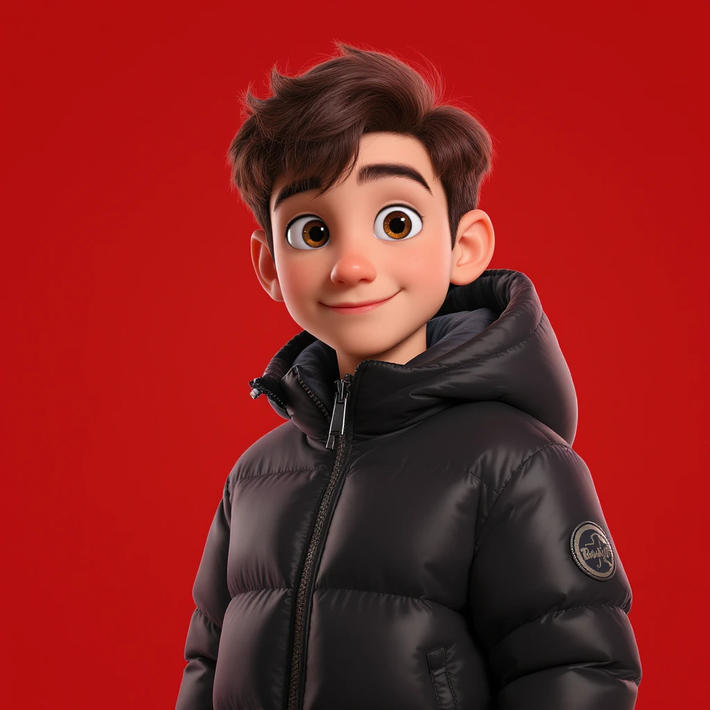 3d disney pixar character, young 18yo boy with dark brown hair, and a shiny black puffer balenciaga design jacket, brave smiling. The background is a solid red color emoji