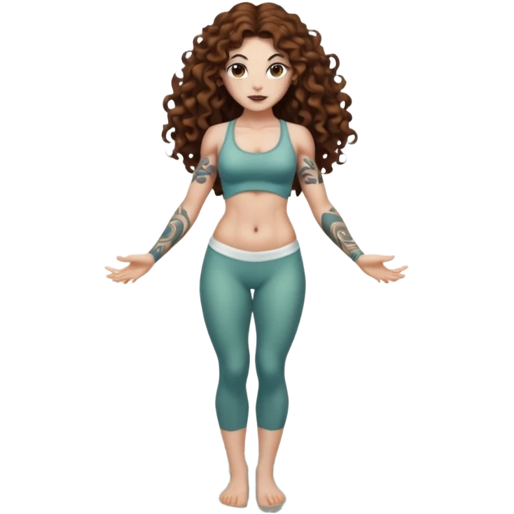 full body woman long curly brown hair brown eyes white skin tattoos muscular build lily pond spirit stance emoji