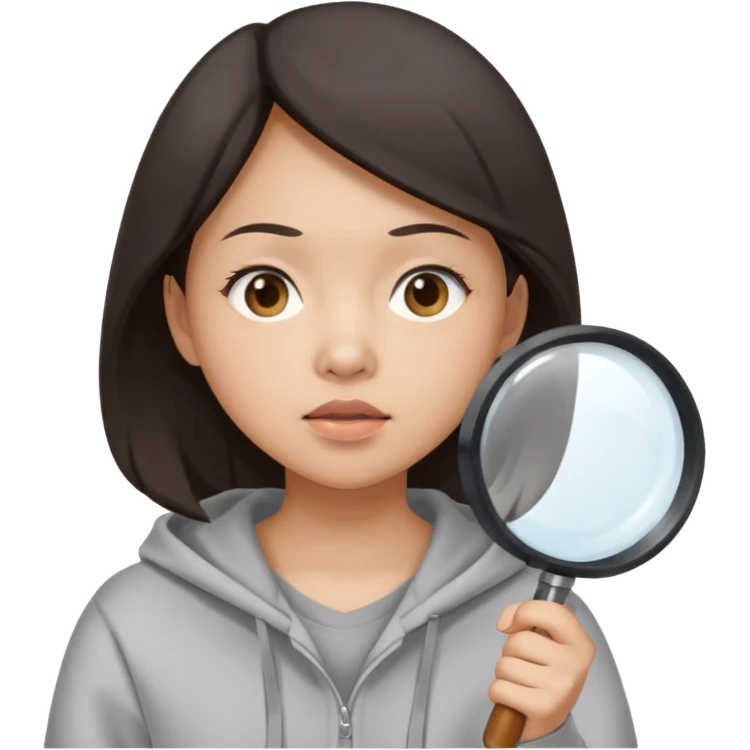 A brunette asian woman wearing hoodie holding a large magnifying glass and squinting at something to intently emoji