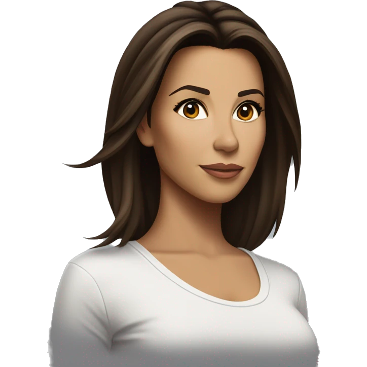 3/4 face, contrasted, shadow, light, Eva Longoria expression, standing from a distance, thin nose, brunette woman, hazel eyes, long eyelashes, dark shoulder shaded hair, white t-shirt, jeans, white sneakers emoji