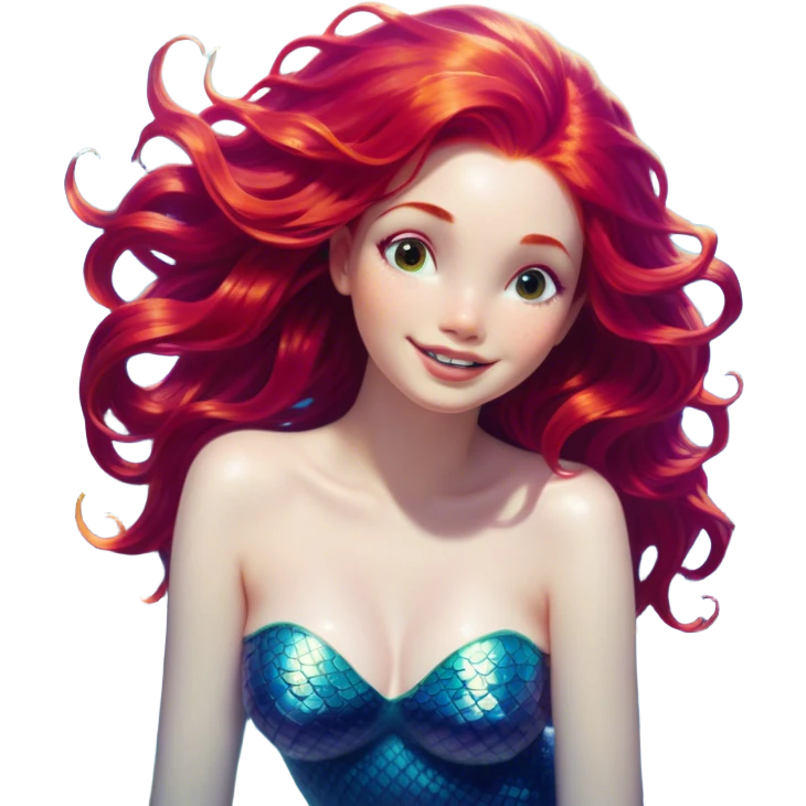 Cinematic Realistic Red Hair Mermaid Portrait, head tilted dramatically with an exaggeratedly amused expression, featuring a striking, vibrant form with meticulously detailed, flowing red hair and luminous porcelain skin. Her expressive eyes burst with playful marine mischief, rendered with dynamic underwater lighting and vibrant textures that convey an air of cheeky oceanic whimsy and over‐the‐top mermaid charm. emoji