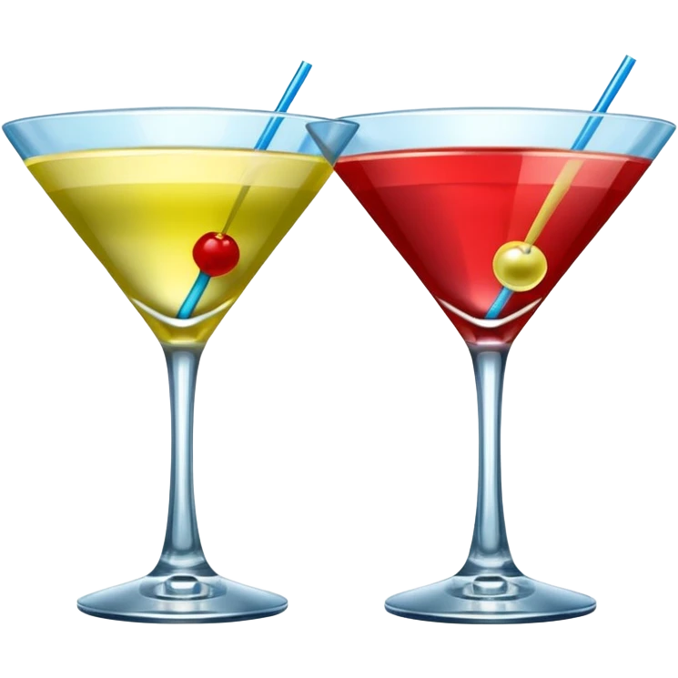 Create an two emoji of red and yellow martini cocktail, cheers with blue and green cocktail, no tube just cocktail in glass emoji