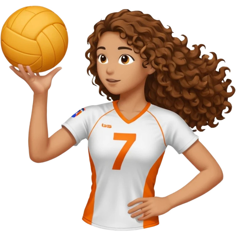 a volleyball player in profile playing (white, brunette with long curly hair) (with a pink outfit with the number 7) and a ball with white and orange stripes emoji