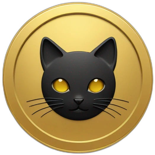 A round gold coin with a matte black color on the sides, and a cat's head in the center of this coin emoji