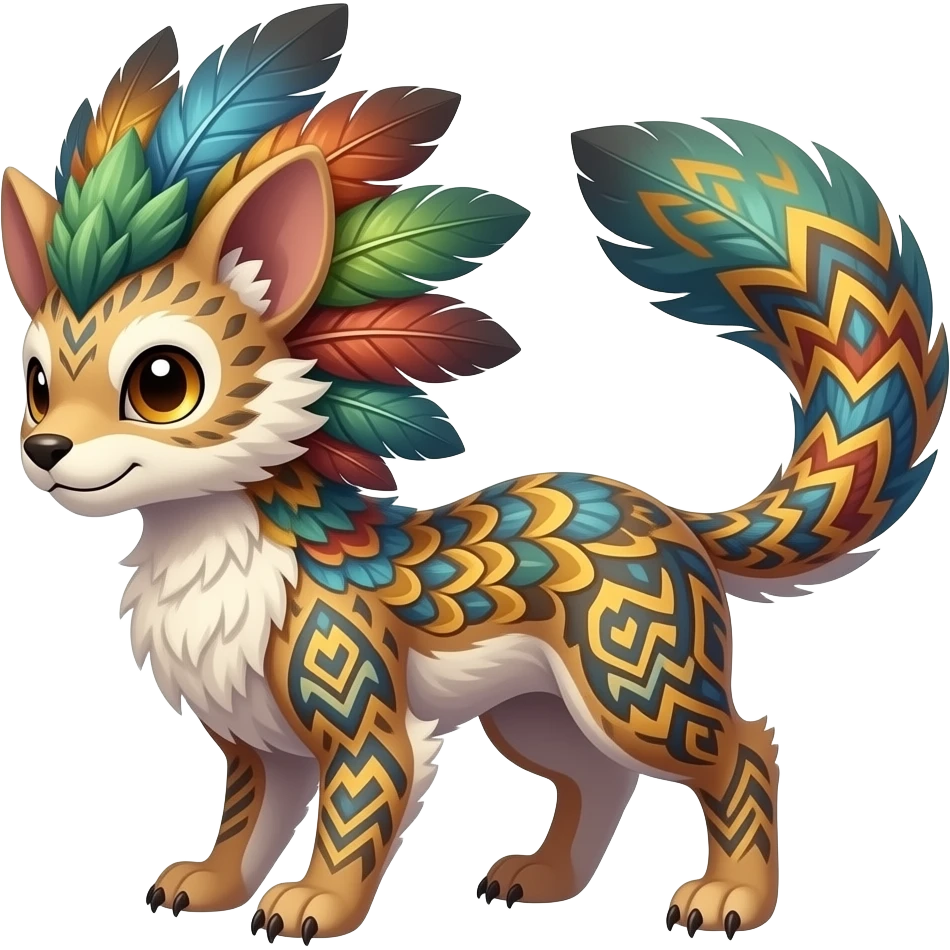 Tribal-patterned aboriginal majestic feathery elegant realistic stylish Furry, fluffy feathery tropical painted scaly, colorful Litten-Minccino-Bambino-Linoone-Zangoose-fusion-hybrid-animal-Fakémon-creature, full body, thin long sleek tufted tail, intricate markings emoji