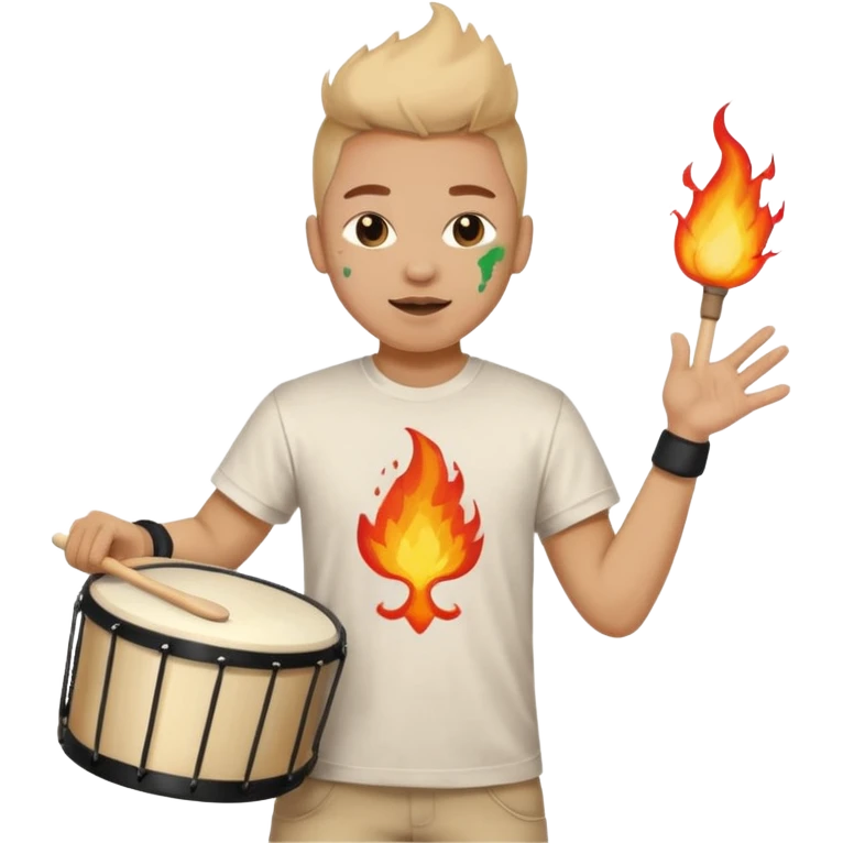 A loud fan, simple tee shirt with paint on his cheeks with a marching drum, beating it with fiery enthusiasm emoji