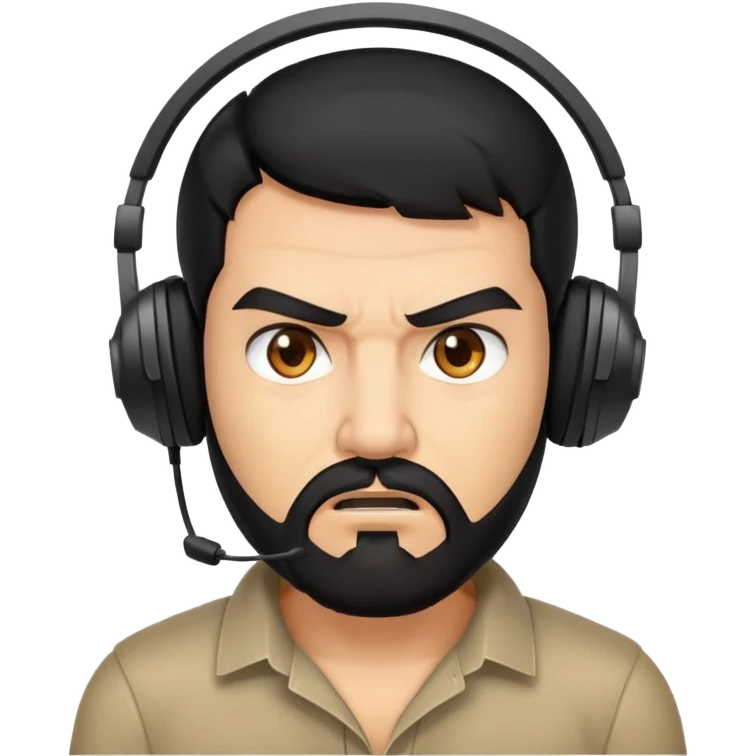 Angry man with black hair, brown eyes, black beard wearing a gaming headset emoji