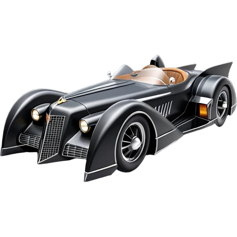  aerodynamic opulent dark futuristic concept Batmobile loosely based on 1976 V16 Cadillac roadster racing(flat long straight faceted mechanical body) winged stealthy street hot rod  emoji