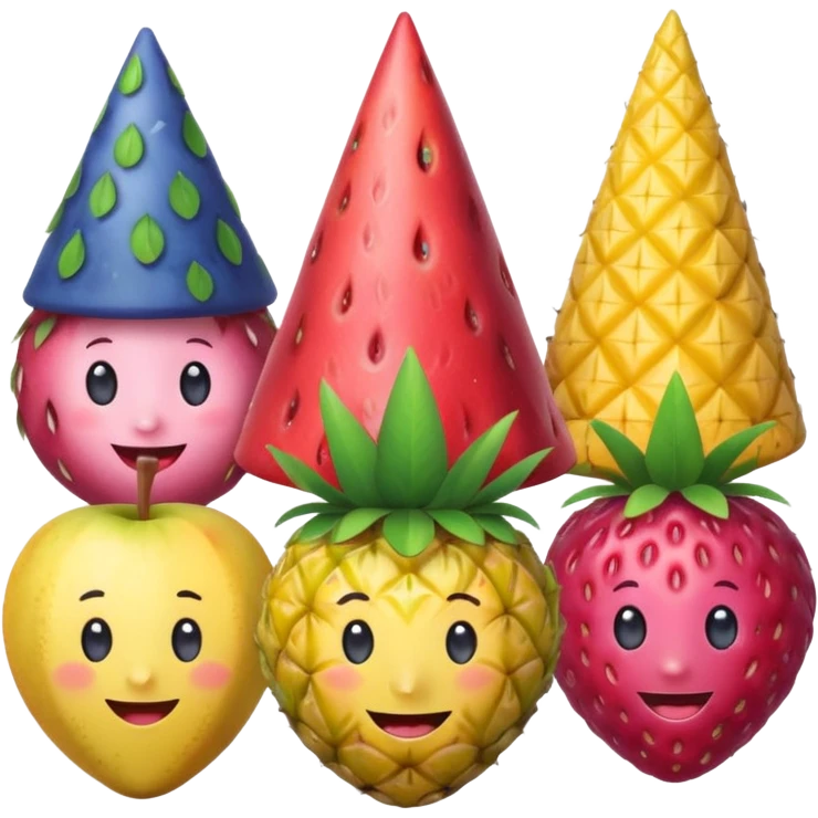 strawberry, blueberry, raspberry, banana, mango, pineapple pink lady apple having a party emoji