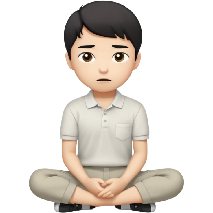 A cartoon young Asian boy with short black hair, light beige skin, and large expressive eyes, wearing a white polo shirt, gray pants, and black shoes. He sits cross-legged on the ground, one fist resting on his cheek, with a closed-mouth smirk. Clean lines, flat colors, solid black background. emoji