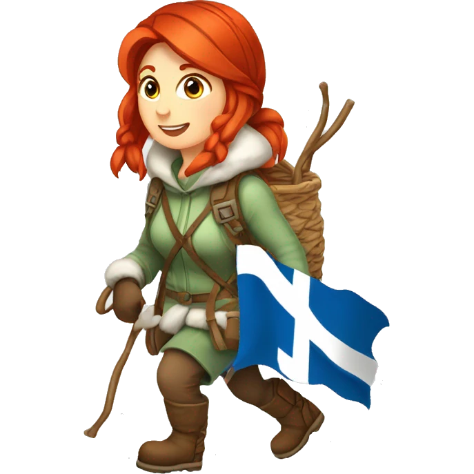 red hair female winter mountaineer climbing with Easter eggsbasket and Greek flag emoji