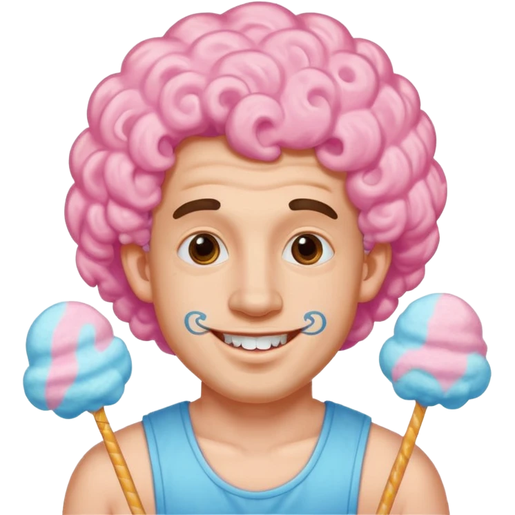 very cheerful colorful puffy curly haired man made out of cotton candy with braces and tattoos and just face  emoji