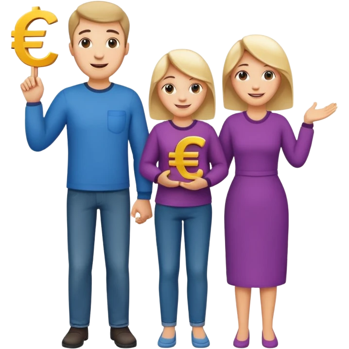 family of three (mom, dad, one child) standing together with euro symbol emoji