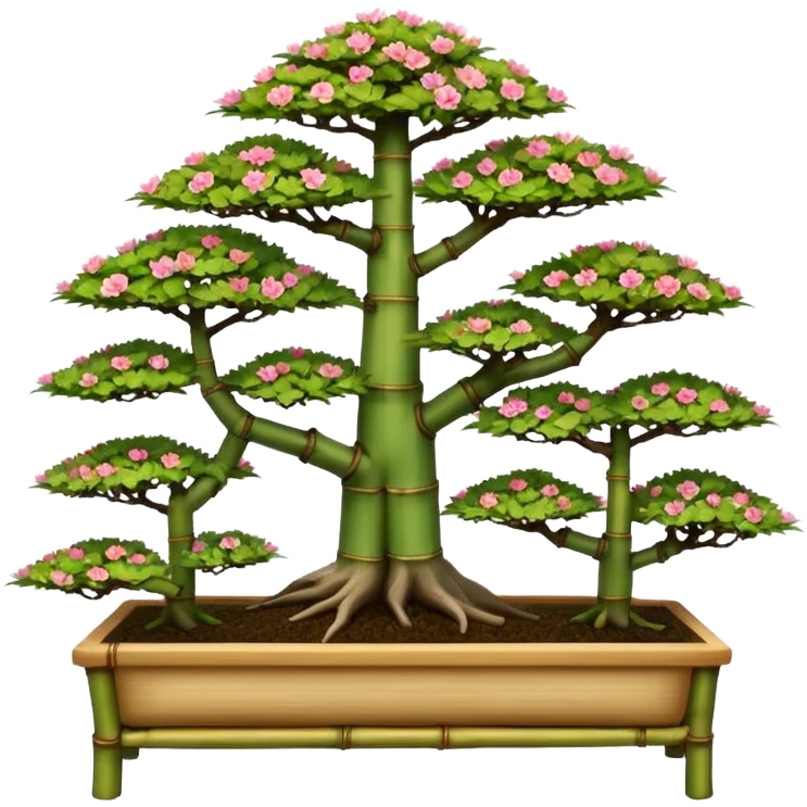 Wide Three tiered bonsai planters stand, shelving nine maple specimens and several smaller azaleas, frame made of one inch thick bamboo  emoji
