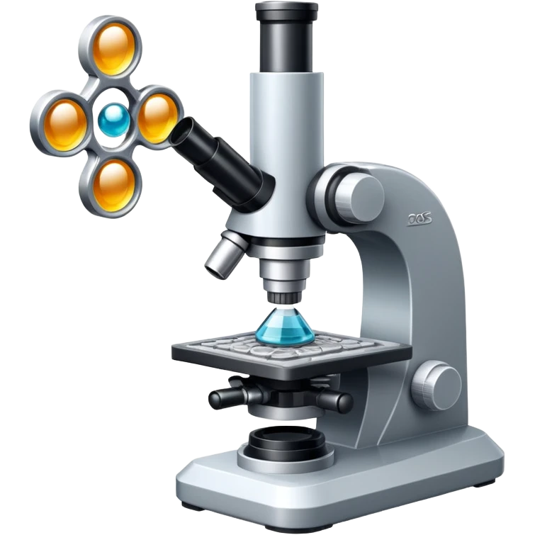 An icon featuring two-ocular electron microscope, a metal alloy, atomic structure symbols, a crystal structure. The design includes different materials like metals, ceramics and polymers, alongside a stamp representing testing and quality control. Transparent background emoji