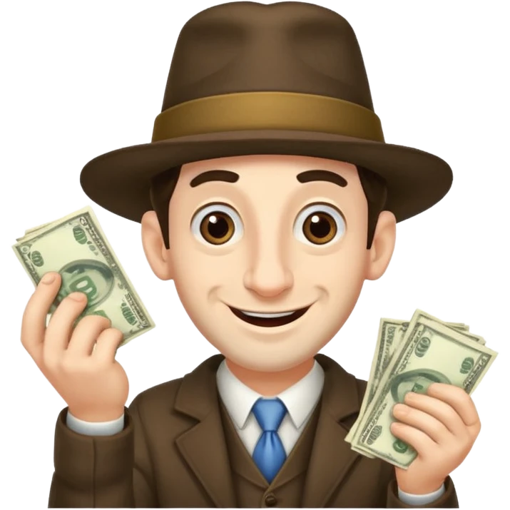 Jewish man with a big nose having his hands clenched together while smiling when he sees money , add the side curls and the funny hat  emoji